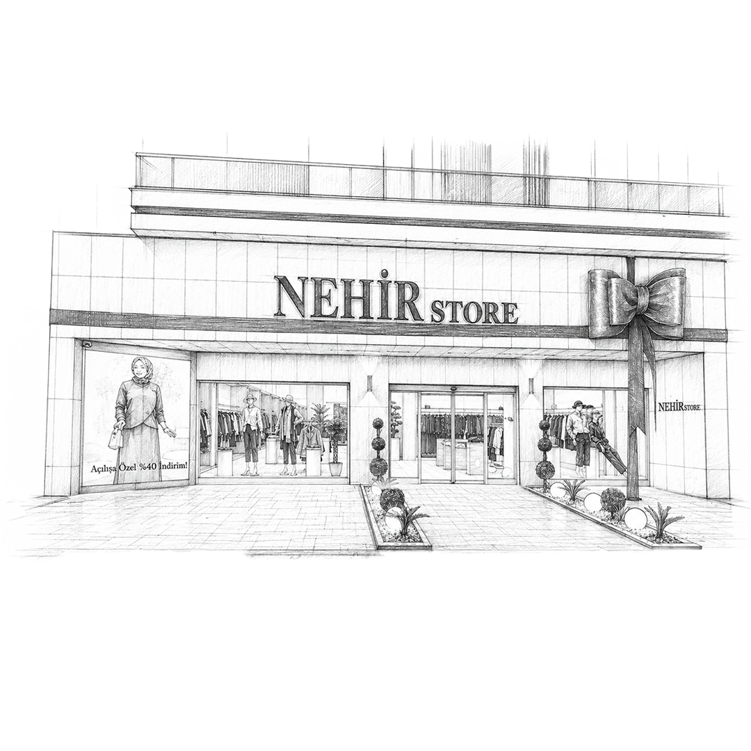 Nehir Store ticari mekan kara kalem çizimi